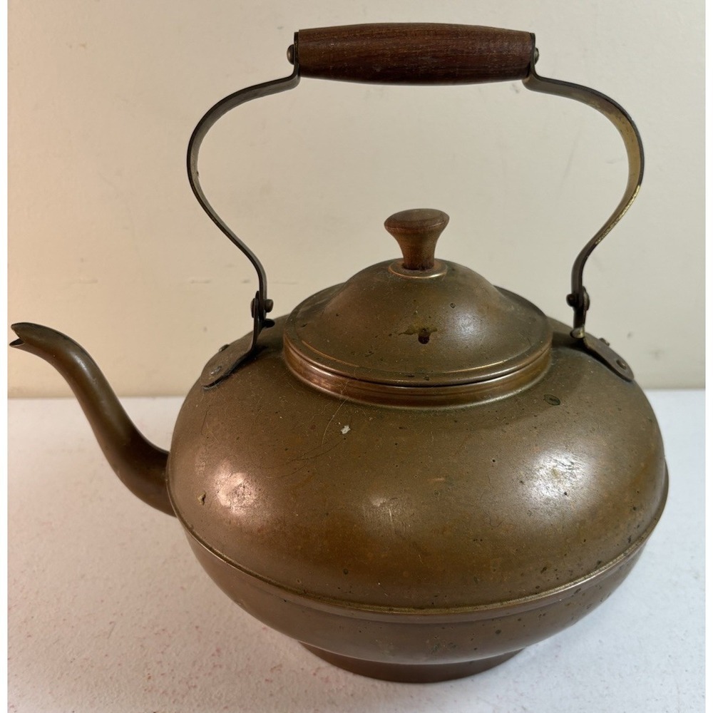 Mid Century Vintage Copper Tea Pot Kettle Wooden Handle & Knob Made In Portugal